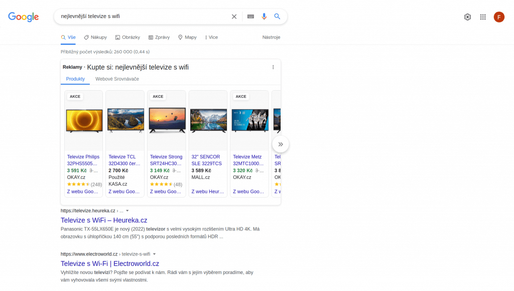 Výsledky vyhledávání Googlu pro transakční vyhledávací dotaz "nejlevnější televize s wifi"
